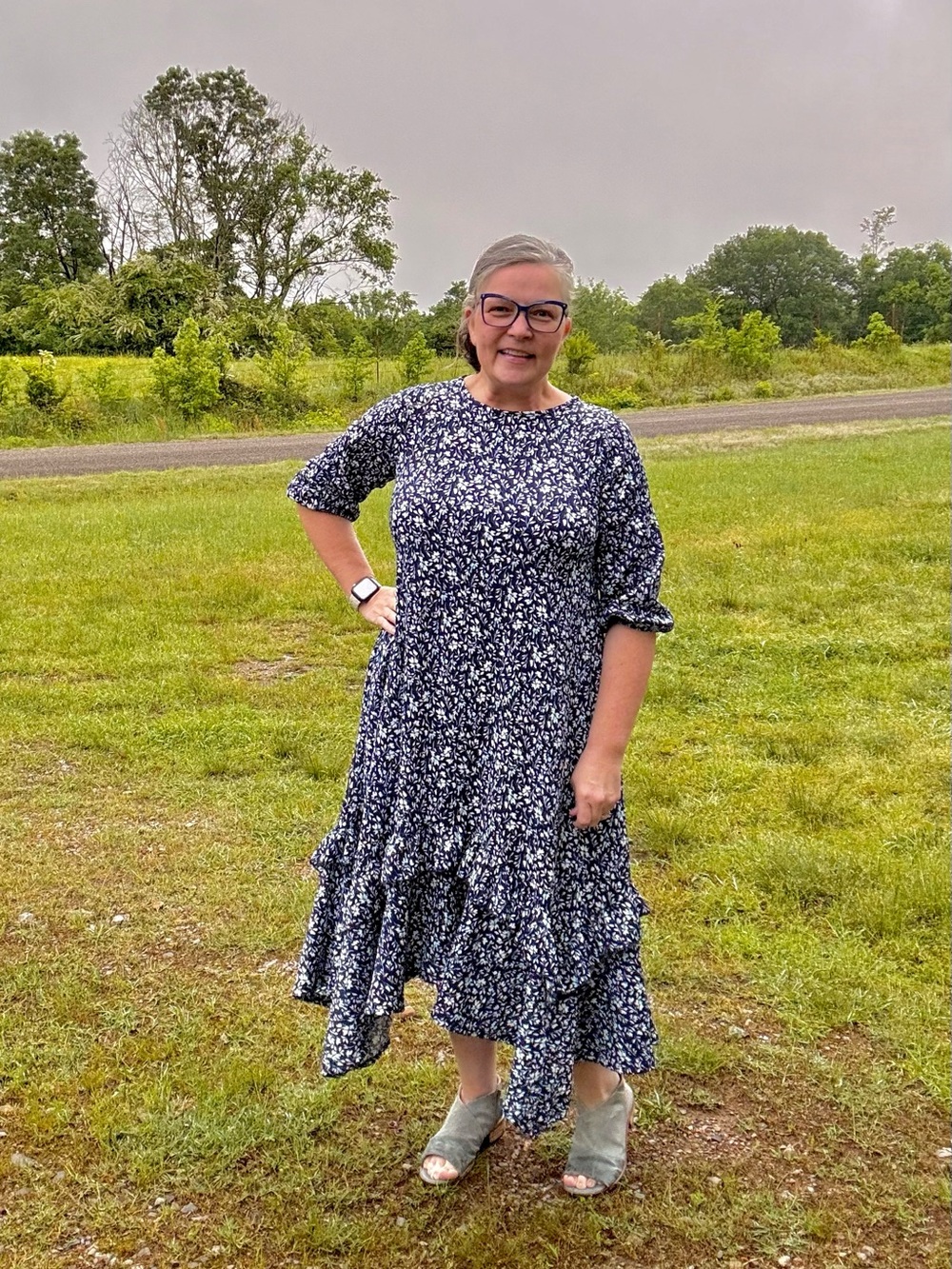 Celeste Navy Floral High-Low Tiered Midi Dress